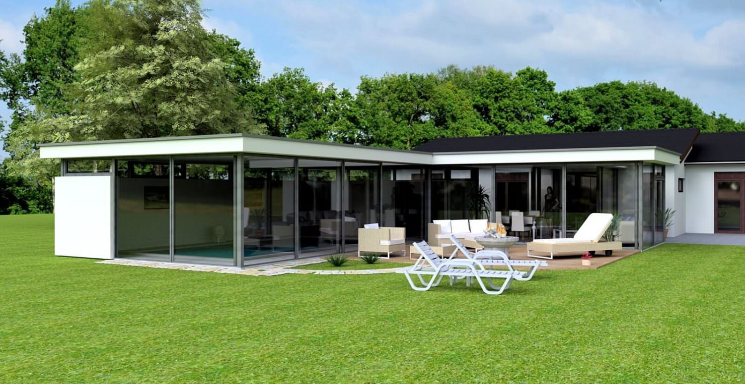Das Krenzer-Poolhaus mit Flachdach und großflächigen Verglasungen