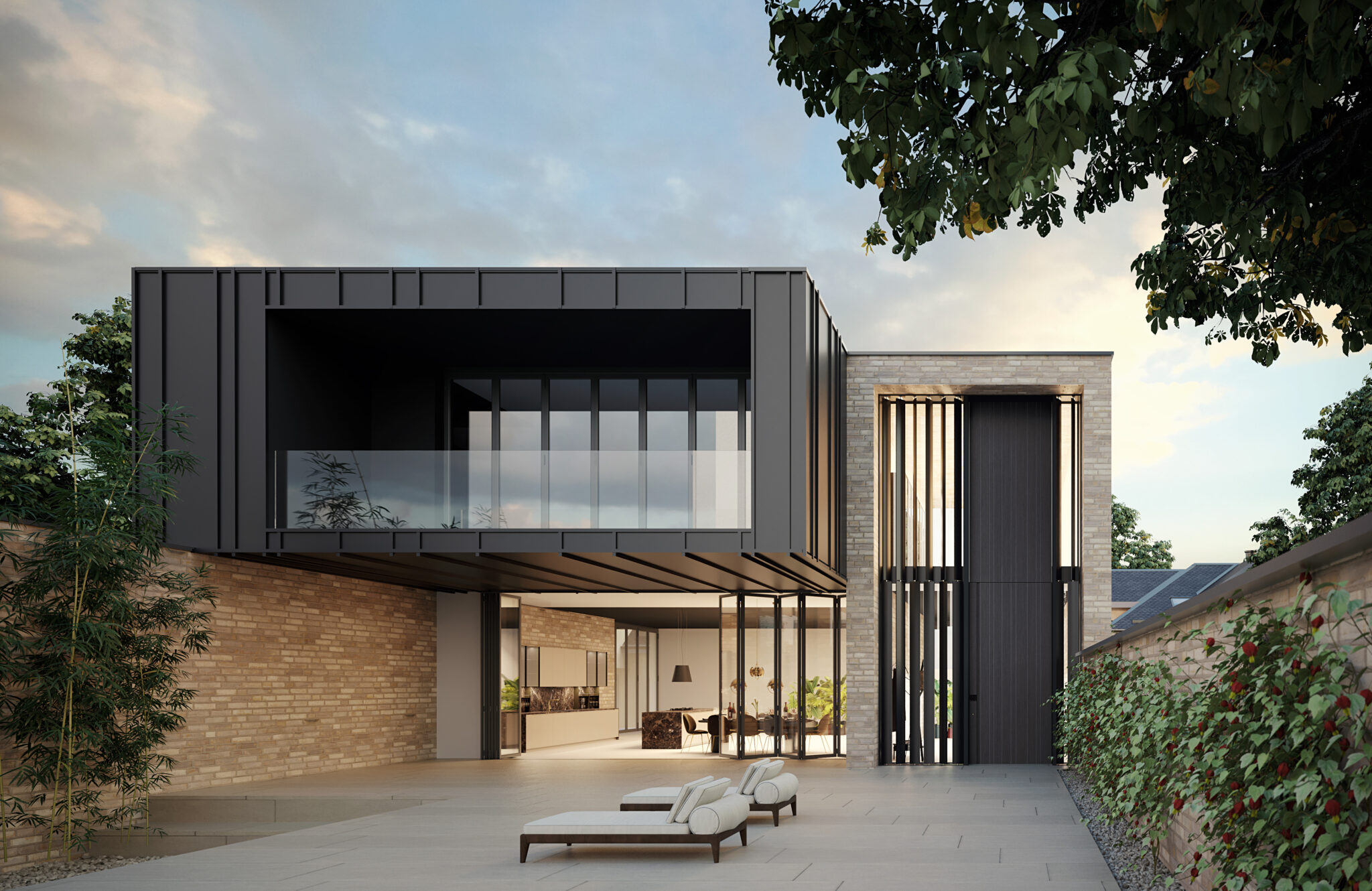 Fotorealistische 3D-Visualisierung einer spektakulären Oikos Synua Pivottüre als großformatige Pivot-Tür im Eingangsbereich, erstellt von der Krenzer GmbH als zertifiziertem Oikos-Vertriebspartner