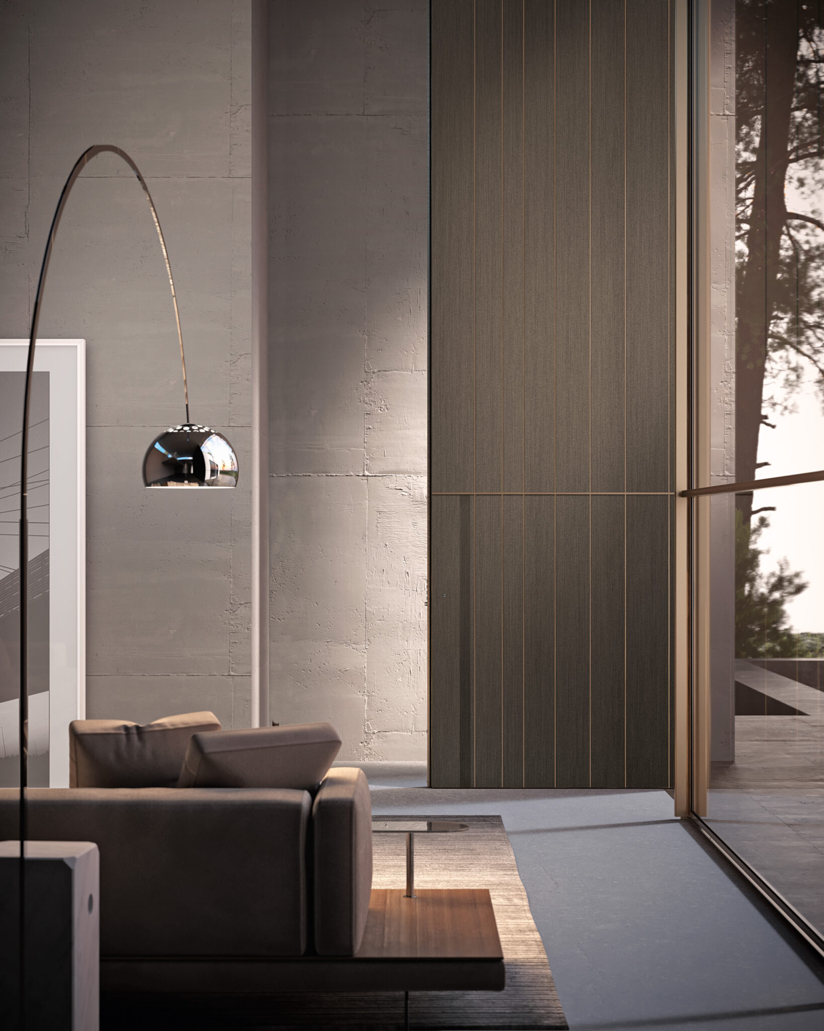 Fotorealistische 3D-Visualisierung einer spektakulären Oikos Synua Pivottüre als großformatige Pivot-Tür im Eingangsbereich, erstellt von der Krenzer GmbH als zertifiziertem Oikos-Vertriebspartner